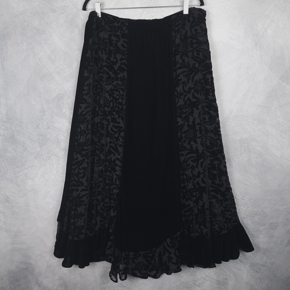 Vintage Whimsy Goth Skirt Womens Large Black Velvet Burnout Floral Maxi Romantic